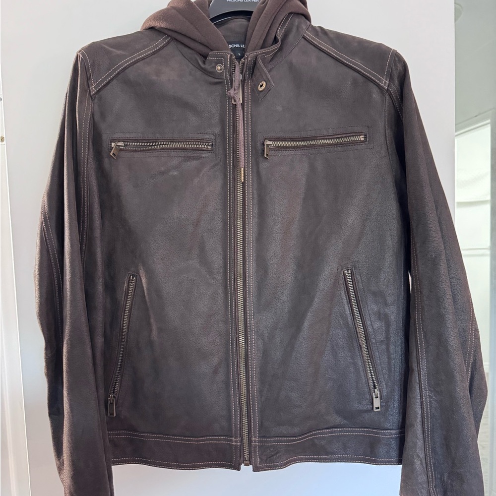 Wilsons Leather Dark Brown Hooded Bomber Jacket